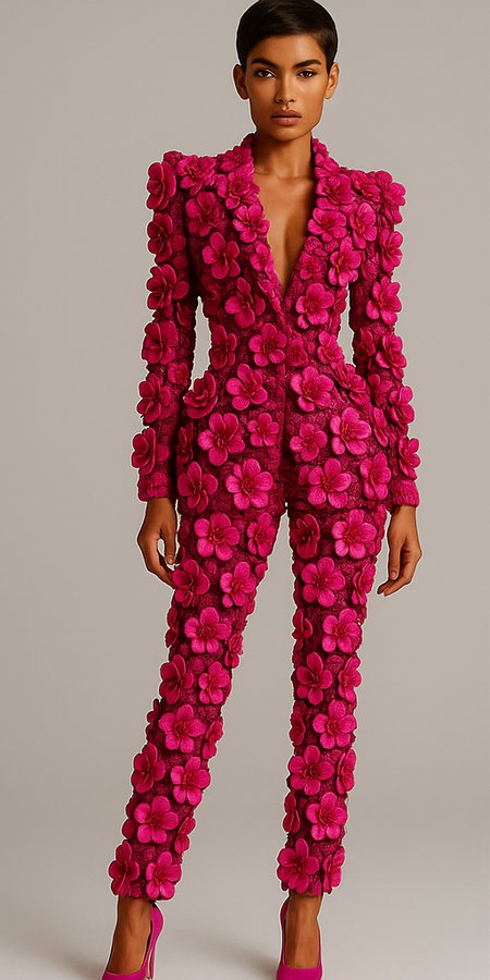 Hot pink 3D floral-appliqué suit