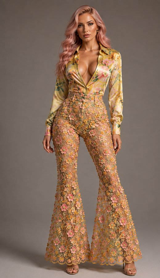 Floral satin blouse and embroidered flared trousers