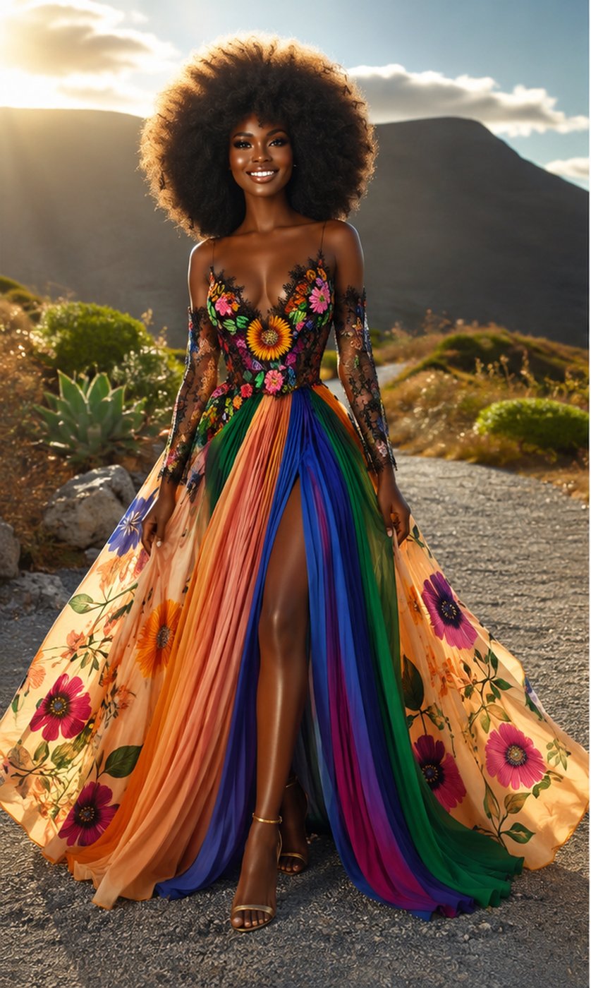 Model in a rainbow floral gown, sunlit against a desert mountain backdrop